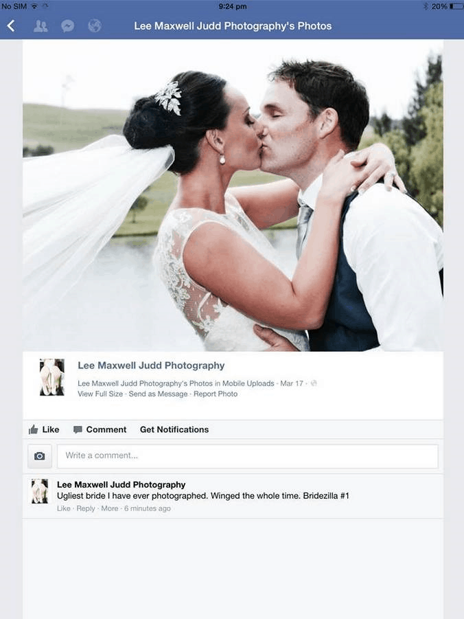 Κάκιστος επαγγελματίας:«Η ασχημότερη νύφη που έχω φωτογραφίσει ποτέ» (φωτο)