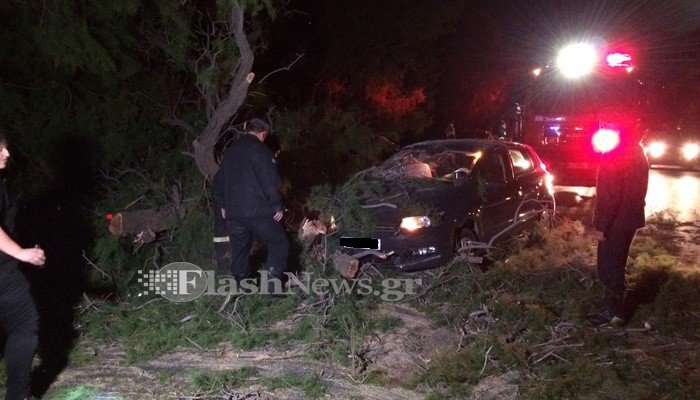 Δέντρο έπεσε σε αυτοκίνητο στην εθνική οδό στα Χανιά (φωτο)