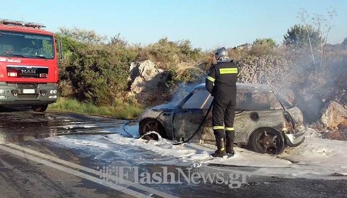 Αυτοκίνητο εξετράπη στο Πυθάρι και τυλίχτηκε στις φλόγες (φωτο)