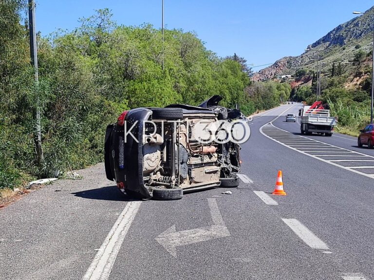 Χανιά: Σοβαρό τροχαίο στην εθνική οδό - ΙΧ τούμπαρε (φωτο)