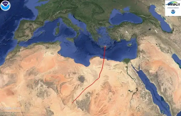 Πορεία αερίων μαζών με άφιξη στην πόλη του Ηρακλείου στις 18:00 της 1ης Απριλίου 2026 (διαδρομή 24 ωρών).
