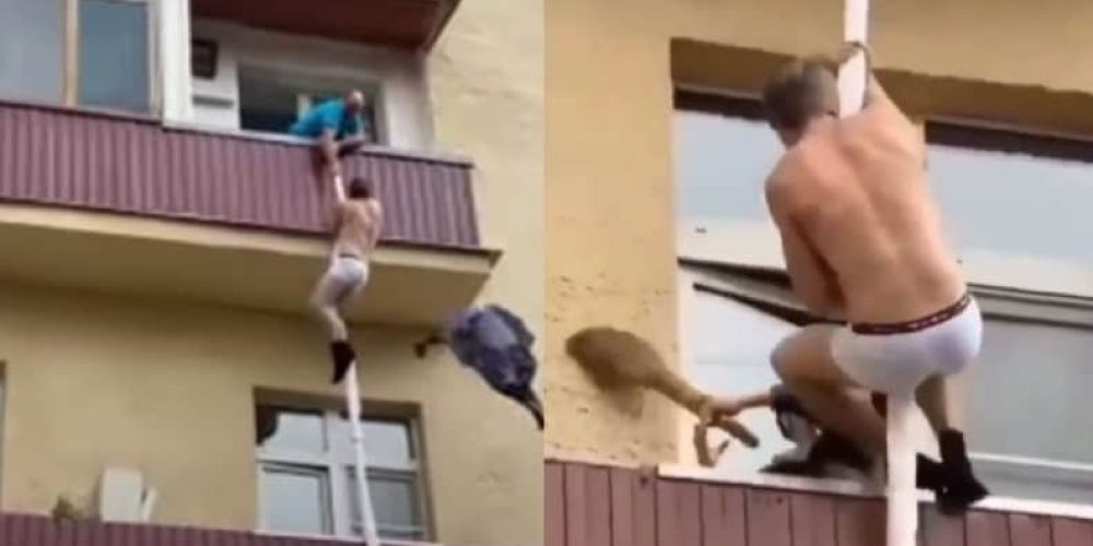 Εραστής προσπαθεί να γλιτώσει από τον απατημένο σύζυγο κατεβαίνοντας από το μπαλκόνι και η γειτόνισσα τον χτυπάει με τη σκούπα (video)
